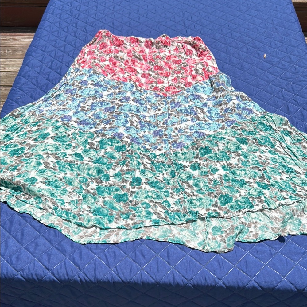 Lola P. Rayon Skirt From India- Elastic Waist Size Large- Color block Floral
